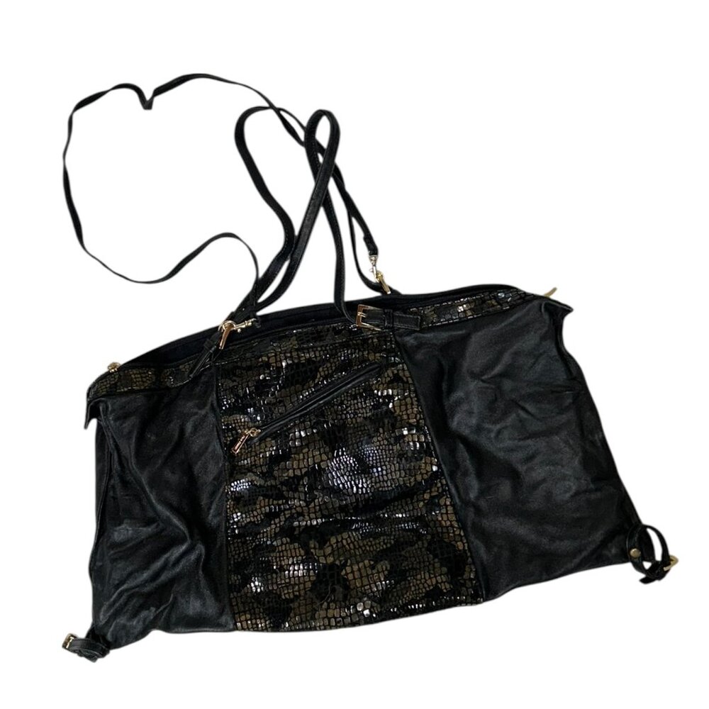 Park Avenue Intl New York Black metallic reptile print leather bag 10x20"